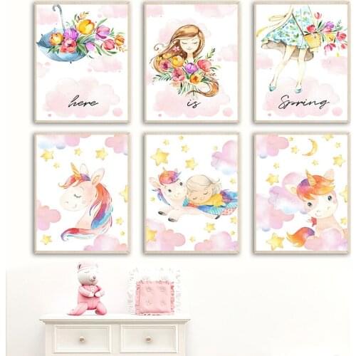 Cartoon Unicorn Girl Flower Stars Cloud Moon Wall Art Canvas Painting Nordic Posters And Prints Wall Pictures Kids Room Decor