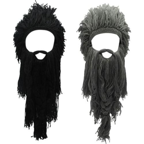 Men Women Barbarian Viking Handmade Knit Wig Hat with Detachable Long Fake Beard Funny Crazy Halloween Cosplay Warm Beanie Cap