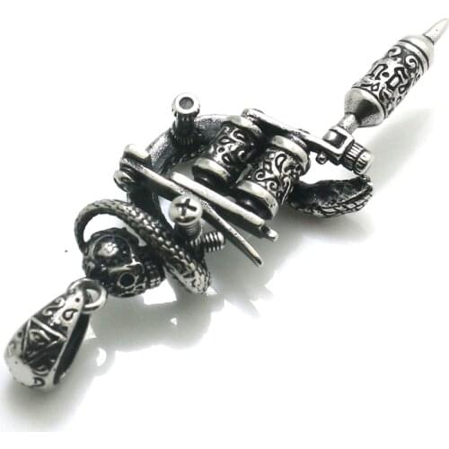 Mens 316L Stainless Steel Cool Punk Gothic Skull Tattoo Gun Snake Pendant For Friend Gift