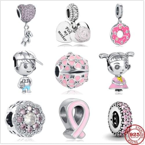 New 925 Sterling Silver Rose Girl Boy Pink Sparkle Spacer Clip Charm bead Fit Original Pandora Bracelet DIY Jewelry For Women