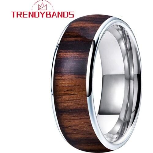 8MM Black Red Wood Inlay Tungsten Carbide Engagement Rings Wedding Bands For Men Women Domed Polished Comfort Fit