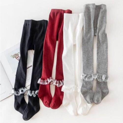 Autumn Winter New Girl’s Lace Trim Leggings Cute Cotton Causal Baby’s Solid Color Breathable Outer Bottoming Pantyhose Socks