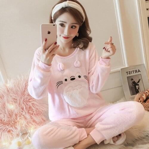 Autumn Winter Warm Flannel Women Pyjamas Sets Thick Coral Velvet Long Sleeve Cartoon Sleepwear Thin Flannel Pajamas Set For Girl