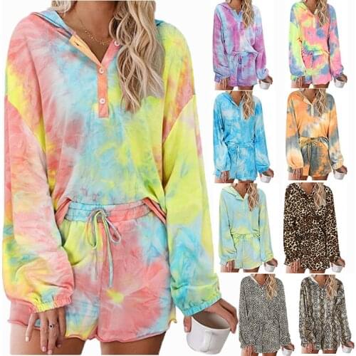Tie-dye pajamas with hood 2021 new breathable long-sleeved home service two-piece suit with wooden ears for ladies