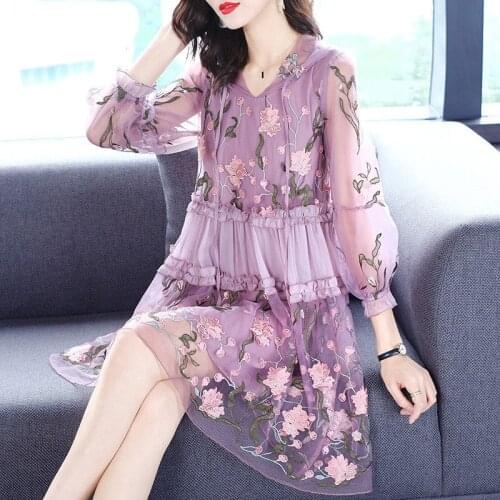 Summer Spring Womens Ladies Embroidery High Waisted Hooded Dress , Korean Women Loose Ruffled Purple Dresses with A Hood