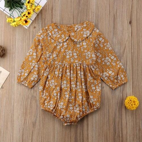 Pudcoco Newborn Baby Girl Clothes Long Sleeve Floral Print Collar Pleated Romper Jumpsuit Infant Cute One-Piece Clothes Baby