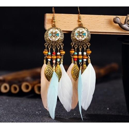 Thailand Womens Bohemian Style Pendant Long Gold Color Alloy Round Pendant Feather Flowing Long Earrings 2020 Gypsy jewelry