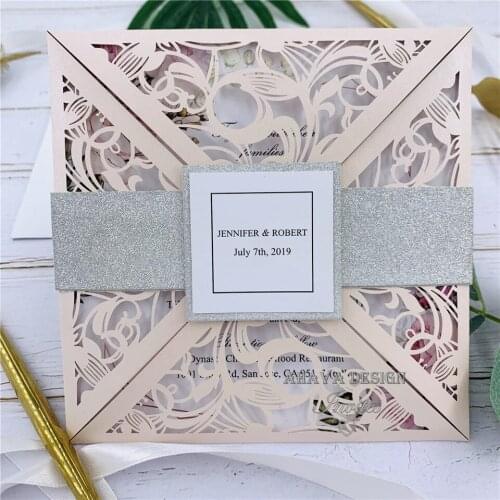 Unique Square Blush Invitation With Flower Laser Cut Wrap And Glitter Belly Band