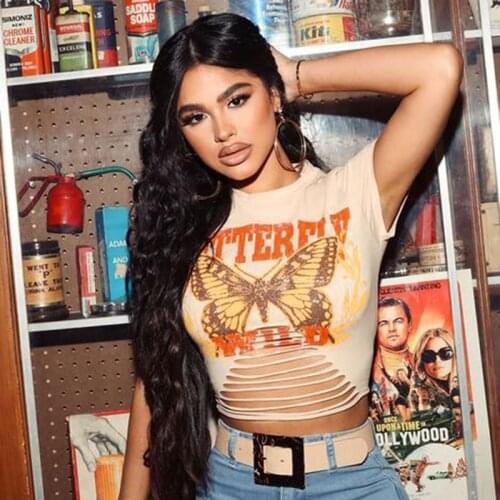 Ladies Summer Round Collar T-shirt, Preppy Style Butterfly Letter Printing Short Sleeve Midriff-baring Top Hollow Base Shirt