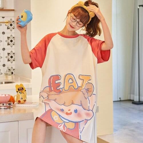 Womens Pajams Summer New Cotton Cartoon Girlish Short Sleeve Dress Cute Lovely Home Clothes Loose Large Size Soft Nightgowns