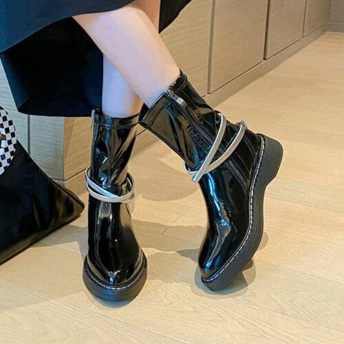 Ladies Spring Autumn Patent Leather Mid Calf Boots Fashion Metal Chain Flat Heel Womens Shoes Warm Winter Slip On Short Boots
