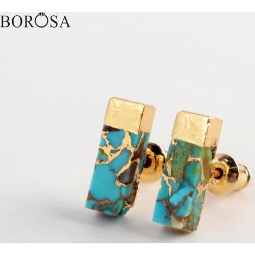 Rectangle Gold Gold-line Turquoises Stud Earrings Copper Turquoises Natural Gems Earrings for Women Fashion Earrings G1987