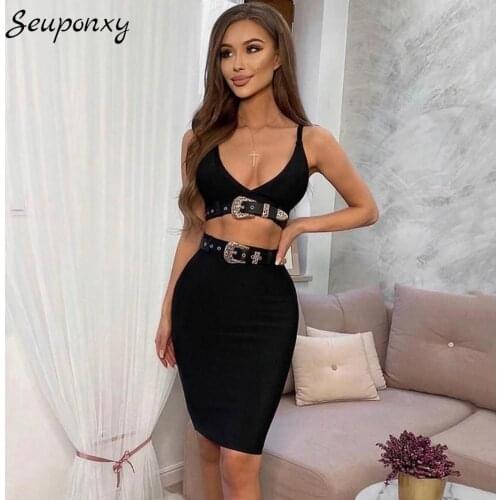 High Quality 2021 Summer WomenS Bodycon Bandage 2 Two-Piece Set Sexy Spaghetti Strap Short Top + High Waist Skirt Party Set