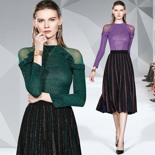 For Women Autumn Two Piece Set 2020 New Office Lady Full Cotton Knitted Elastic Waist Bright Silk Solid Work Clothes Elegant Set