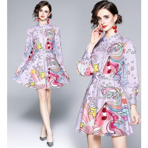 COIGARSAM Women Dress Autumn 2021 Office Lady Print Full Sleeve O-Neck Purple Dresses Traf Robe Vestidos