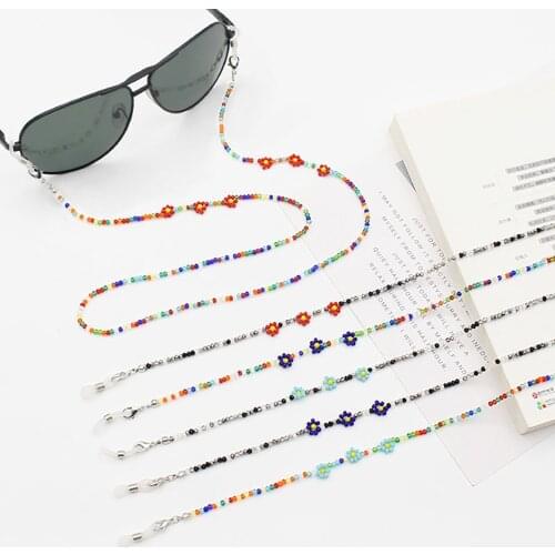 2021 Fashion Crystal Beaded Sunglasses Mask Holder Lanyard Colorful Daisy Sun Flower Non-slip Glasses Chain Neck Strap for Women