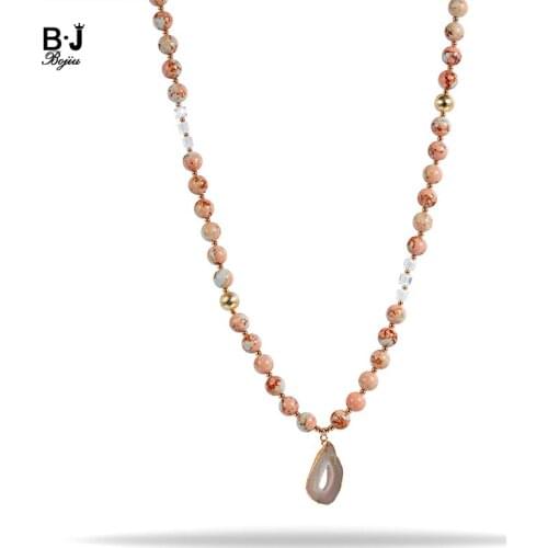 BOJIU Brand Women Beaded Necklaces Labradorite Bead Women Jewelry Natural Druzy Pendant NKS171