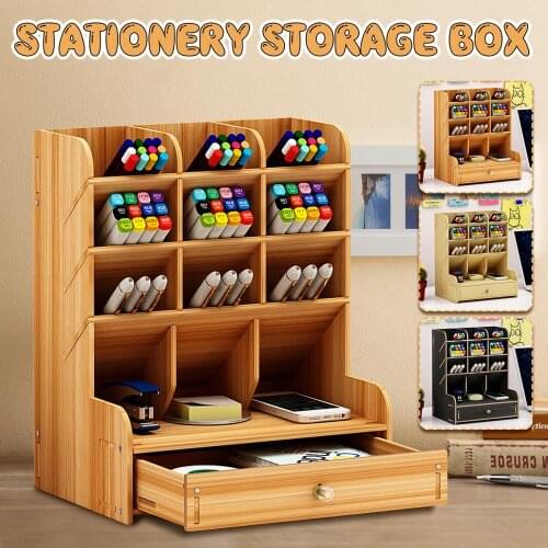 Wooden Desk Organizer Multi-Functional DIY Pen Holder Box Desktop Stationary Home Office Supply Storage Rack