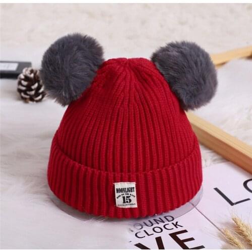 Cartoon Double Hair Ball Baby Knitted Hat Autumn New Baby Hat Childrens Woolen Hat Childrens Warmth 0 to 3 Years Old