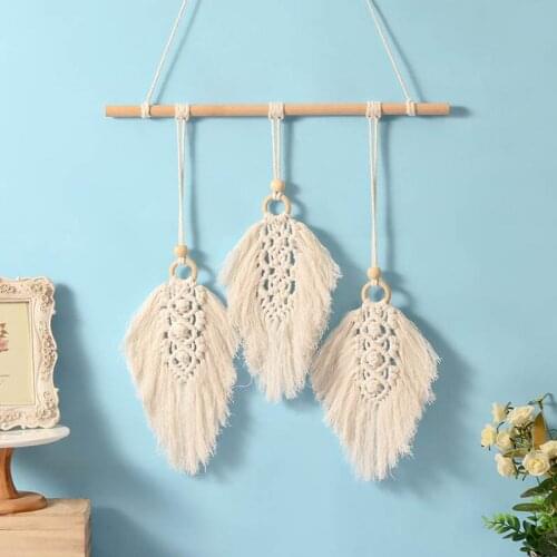 Handwoven Macrame Tapestry 100% Cotton Feather Pendant Wall Hanging Tapestry for Home Bedroom Nordic Boho Decor Ornament Curtain