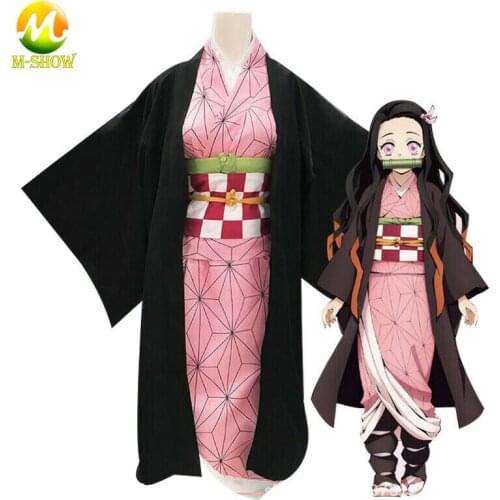 Demon Slayer Cosplay Kamado Nezuko Costume Wig Kimetsu no Yaiba Cosplay Uniforms Kimono Dress For Adult and Kids