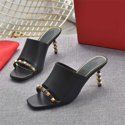 2021 summer new sandals female stiletto rivets European and American high-heeled cool open-toed slippers elegant slippers large