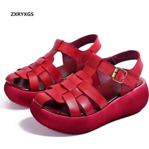 Hot Top Soft Cowhide Breathable Leather Sandals Women Sandal Shoes 2020 New Summer Shoes Woman Platform Wedges Increase Sandals