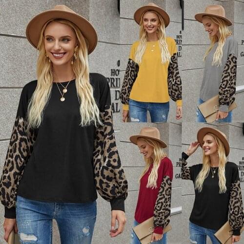 Fashion Stitching Leopard Print Long Sleeve Crew Neck T-shirt Womens Autumn 2020 New Lantern Sleeve Top Pullover Loose Casual