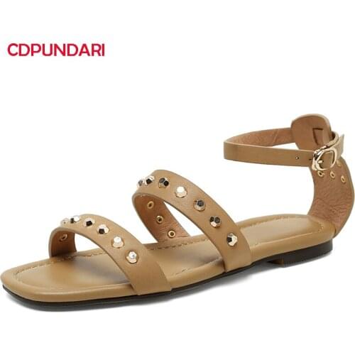 Fashion Rivet Genuine Leather Flat Gladiator Sandals Women Summer Casual Shoes Sandales Femmes été Nouveau 2021 Sandalias Mujer