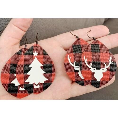 New !!we can customize red and black buffalo plaid christmas faux leather dangle earrings mama bear, xmas tree teardrop earrings
