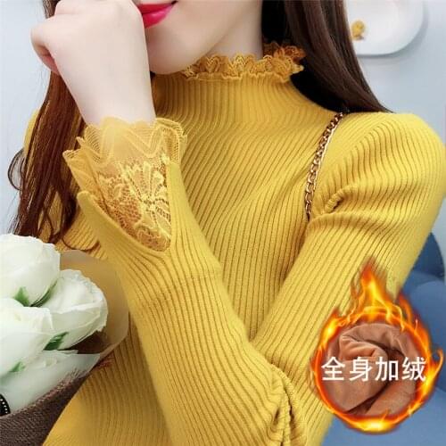 New Autumn Winter Sweater Slim Women Add Velvet Lace Sweater Female Long Sleeve Knitted Sweater Pullovers Tops Bottomings WZ1063