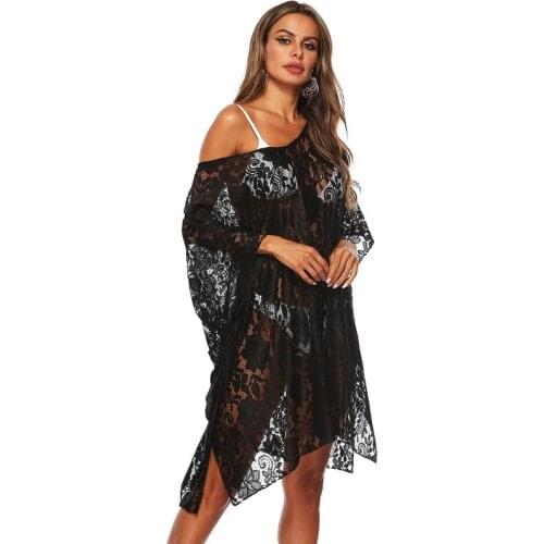 New sexy oversize black Lace Beach Dress Tunic Bikini Cover ups Swimsuit Swimwear see through Beach Dress Robe De Plage