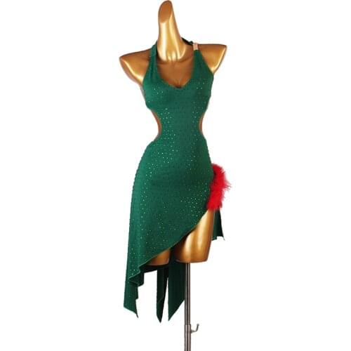 New Latin Dance Dress Latin Skirt Competition Dress Costumes Performing Dress Sparkly Rhinestones Royal Green Skirtes Made