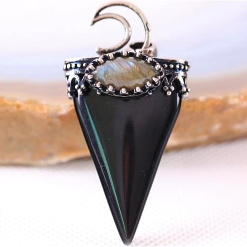 Charm Necklace Pendant Natural Gem Black Onyx Labradorite Oval Bead Triangle Antique Crown Half Moon Jewery Gift K697