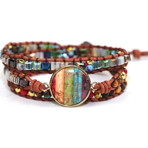 Romantic Spiritual Chakra Leather Wrap Bracelets W/ Mix Stone Heart Shape 3 Strands Bracelet Classic Jewelry Bijoux Dropshipping