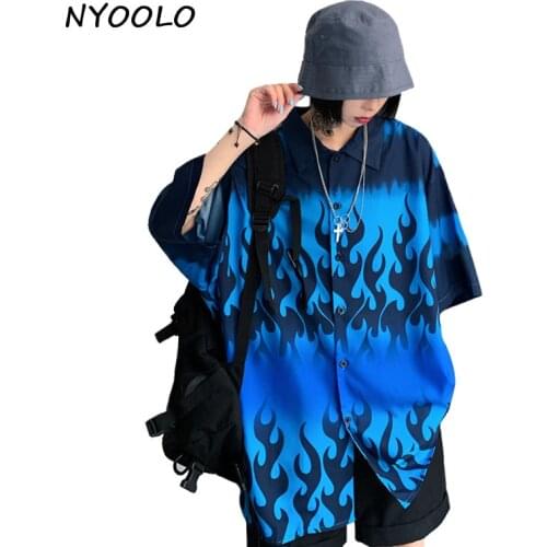 NYOOLO Harajuku style Blue Flame loose Boyfriend Shirt Summer streetwear Short Sleeve Cardigan shirt women men clothingTop