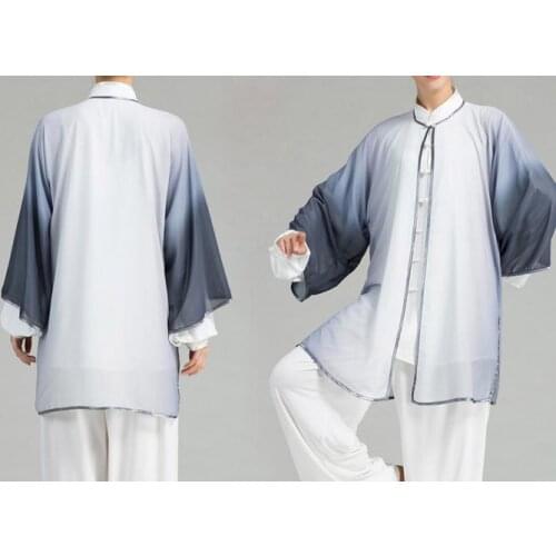 Unisex 4color high quality chiffon veil kung fu suits Tai chi clothing gradient mantle performance martial arts uniforms gray