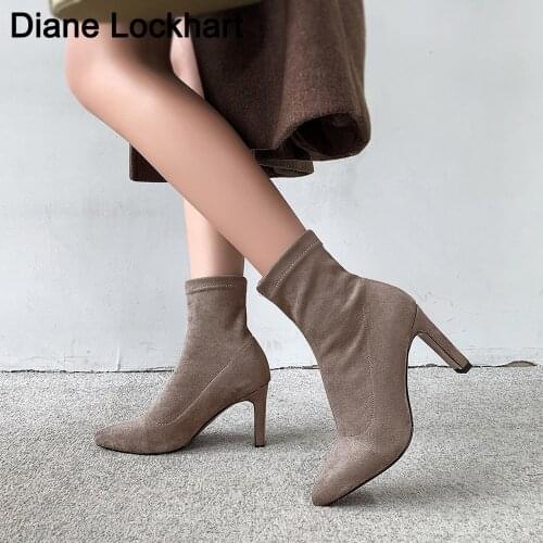 Slim Stretch Ankle Boots for Women Pointed Toe Sock Boots Square High Heel Boots Faux Suede Shoes Woman Fashion Bota Feminina 41