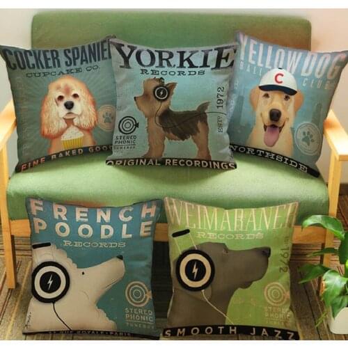 18" Vintage Blue Dog Club Design Sofa Throw Pillows Yorkie Poodle Cotton Linen Home Decor Cushion Covers Car Pillow Case 45x45cm