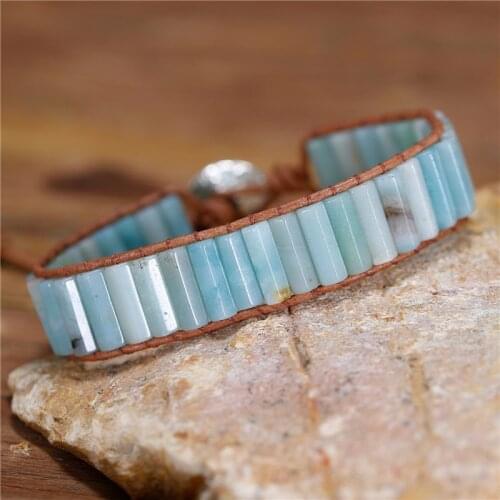 YueTong Bohemia Style Tube Amazons Stone Beads Leather Wrap Bracelet Natural Stone Cuff Bracelet Dropshipping