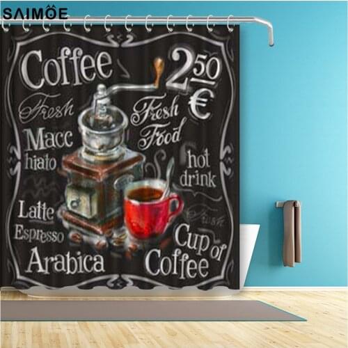 Coffee Shower Curtain Vintage Graffiti Curtains For Bathroom Waterproof Fabric Black Curtain Bath Accessories Decor With Hooks