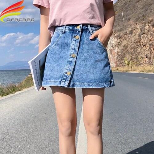Streetwear Denim Skirts Short Spring Summer 2019 New Single Buttons Pockets A Line Denim Skirt Women High Waist Jean Skort