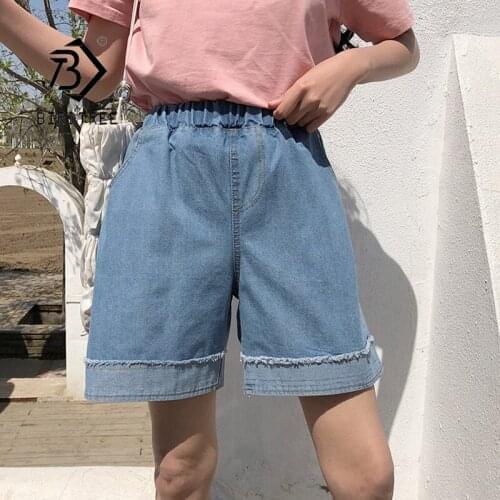 Summer Womens Vintage Plus Size Solid Wide Leg Denim Shorts Pockets Loose Casual Elastic High Waist All-match Shorts B18573X