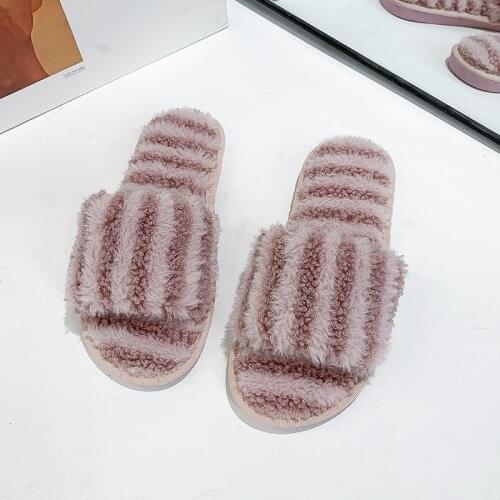 Womens Autumn And Winter Plush Slippers Korean Striped Flat Bottom Slippers Women Fashion One Word Opening Cotton Shoes