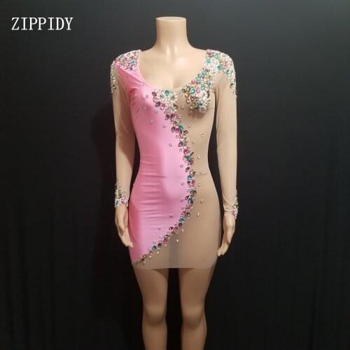 Pink Nude Stones Pearls Dress Sexy See Through Dance Costume Bling Stage Dancewear Shining Rhinestone Sexy Party Outfit
