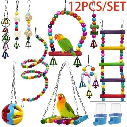 12PCS/Set Bird Cage Toys for Parrots Reliable & Chewable - Swing Hanging Chewing Bite Bridge Wooden Beads Ball Bell Toys