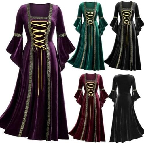 2021 Medieval Gothic Long Sleeve Lace Up Dress Gold Velvet Big Pendant Ancient Banquet Dress Retro Gold Velvet Robe