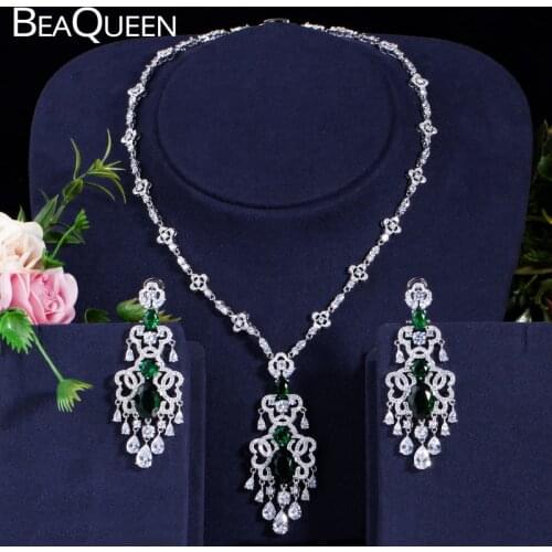 BeaQueen Green Crystal Micro Pave CZ Stone Large Hanging Drop Earrings Necklace Set for Women Wedding Jewelry Gift JS030