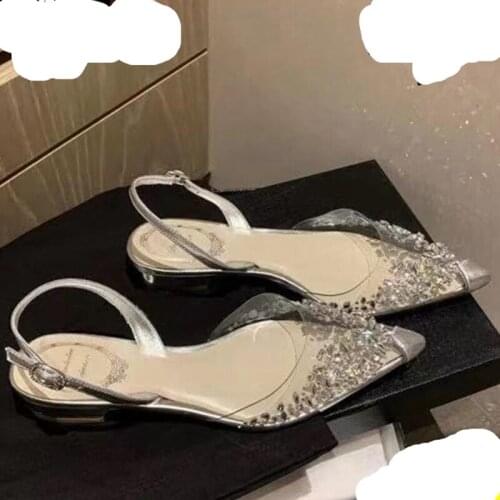 Rhinestone Sandals 2021 Summer New Sweet Fairy Style Flat Transparent Pointed Toe Net Red Baotou Wear Ladies Boutique Sandals