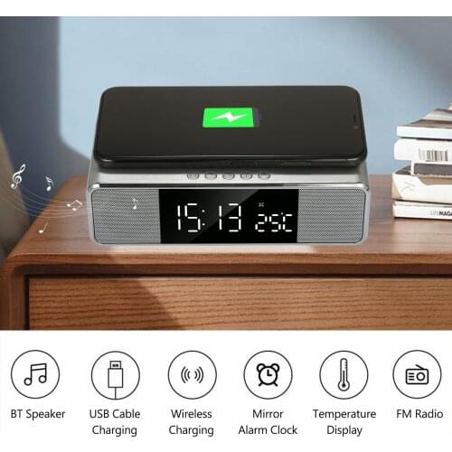 Digital Mirror Alarm Clock with BT Speaker & FM Radio & Temperature Display Multifunction Dimmable Electronic Desktop Clock